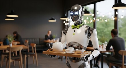 A humanoid robot waiter serves tea to customers in a modern cafe.