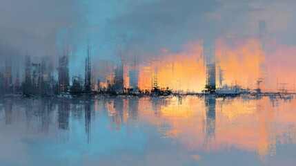 Abstract cityscape with soft light reflecting on water, impressionistic, textured look