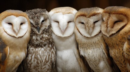 Obraz premium Group of five different owl species in a close-up display showcasing their diverse feather patterns and unique facial features, highlighting nature's beauty