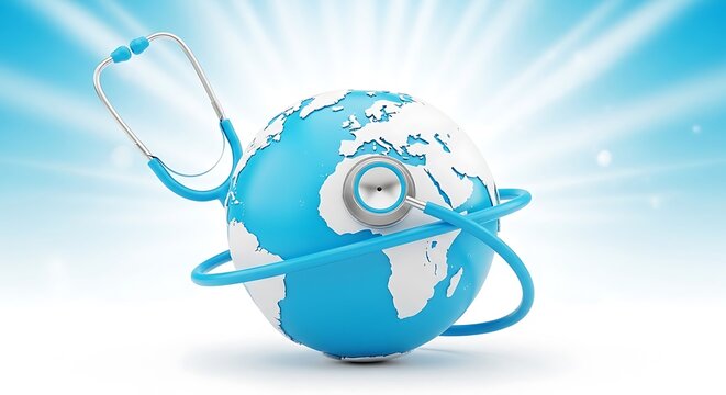 Global healthcare concept, a blue Earth globe encircled by a stethoscope, symbolizing global health. - Powered by Adobe