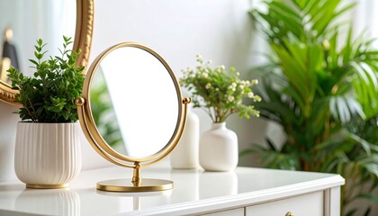 Small round mirror with gold frame on classic vanity table