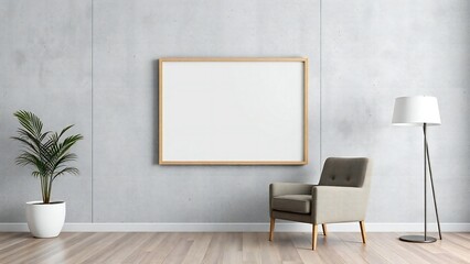 Modern living room with blank picture frame and armchair