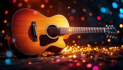 Naklejka premium Acoustic guitar with warm bokeh lights and natural wood grain musical instrument