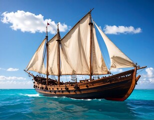 Wooden sailing ship on turquoise water under a partly cloudy sky