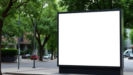 Fototapeta premium Blank billboard on a tree lined city street with traffic