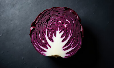 Fototapeta premium Vibrant Red Cabbage Half on Dark Textured Surface