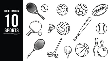 Illustration of various sports equipment and balls in black and white