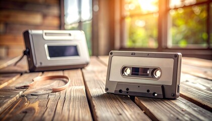 Cassette tape and walkman on a vintage wooden desk