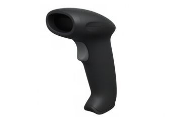 Black barcode scanner isolated on transparent background, ready for scanning products and managing inventory