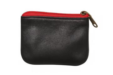 Closed small black leather coin purse with red zipper and brass pull tab, isolated on transparent background