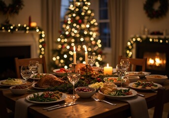 A delightful Christmas dinner table set with a roasted turkey and festive lights.
