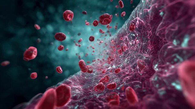 Highdetail medical animation showing endothelial damage and spontaneous cyan clot formation in systemic circulation.