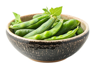 Fresh green edamame pods in a rustic bowl isolated on transparent background