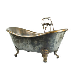 Antiqued clawfoot bathtub with bronze trim and faucet on a black background