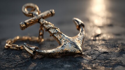 Ornate golden anchor with textured chain nautical