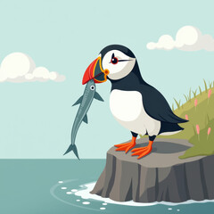 Obraz premium Cartoon Puffin with Fish in Beak on Coastal Cliff