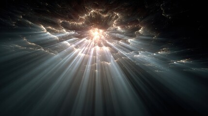 Radiant light beams piercing through dark clouds rays