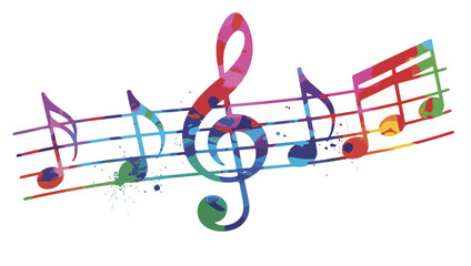 Colorful music notes with uo and down  waves ,Rainbow Music Staff Illustration &ndash; Colorful Notes and Symbols with Treble Clef on White Background