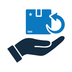 Home Delivery Icon – Blue Vector Illustration of Hand Holding Package with Return Arrow Symbol for Shipping, Courier, and E-commerce