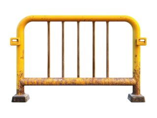 Yellow metal crowd control barrier with metal feet isolated on white background