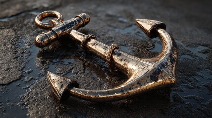 Shiny metallic anchor resting on wet dark rocks gold bronze