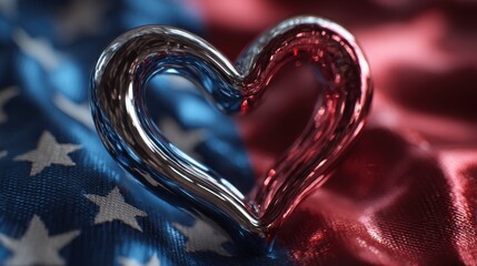 Shiny metallic heart symbol on patriotic fabric chrome