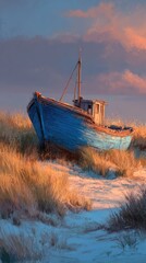 Old blue boat on sandy beach at sunset