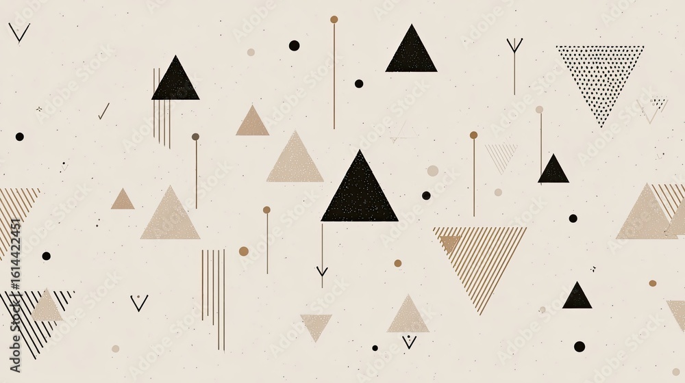 Aufkleber abstract geometric pattern featuring triangles, circles, and lines in earth tones on a textured beig