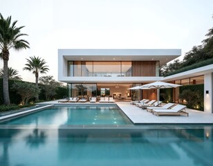 Fototapeta premium Modern white villa with swimming pool and lounge chairs image