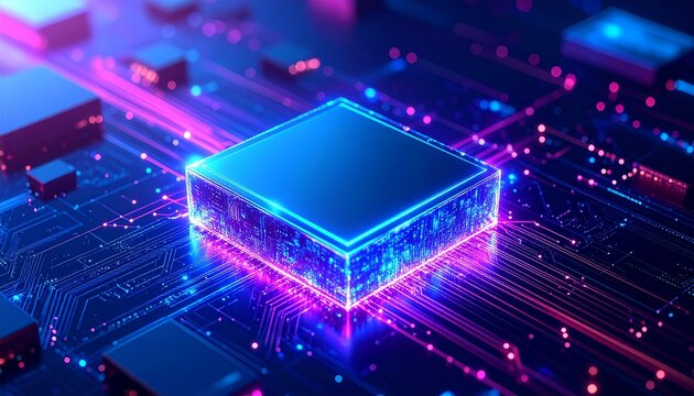 A powerful central processing unit glowing with neon blue and pink light, symbolizing the future of data and artificial intelligence.