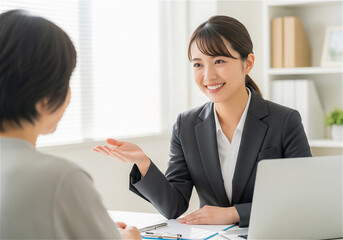 "Smiling Female Sales Professional｜Perfect Business Stock Image for Insurance Consultations and Product Presentations"