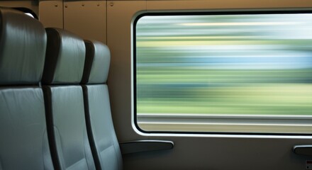 Inside a train car, two empty seats face a window blurring the passing landscape