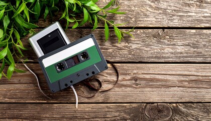 Cassette tape and walkman on a vintage wooden desk