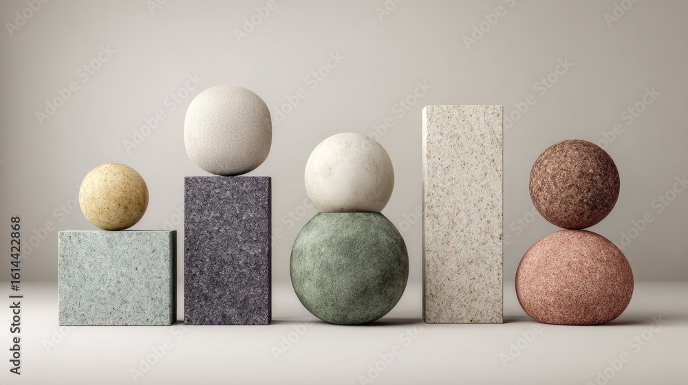 Poster abstract composition of geometric shapes in soft colors, featuring textured surfaces and natural mat