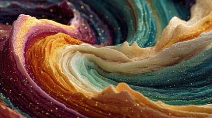 Swirling colorful layers with golden glitter abstract