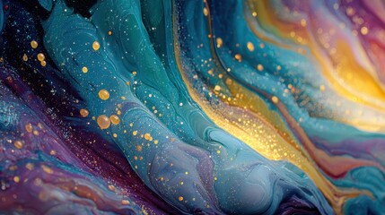 Swirling blue teal purple gold liquid paint with glitter abstract