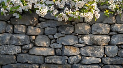blooming cherry tree against old stone wall in serene spring garden
