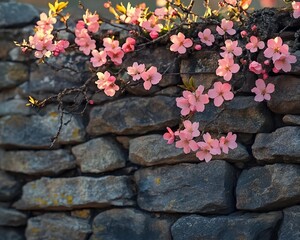 blooming cherry tree against old stone wall in serene spring garden
