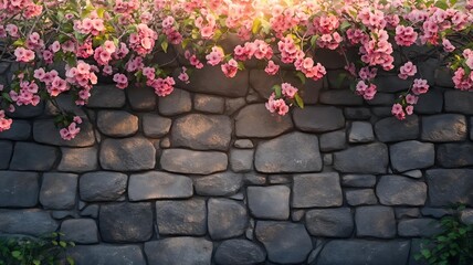 blooming cherry tree against old stone wall in serene spring garden