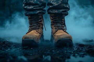 rugged military boots on dark floor with atmospheric fog
