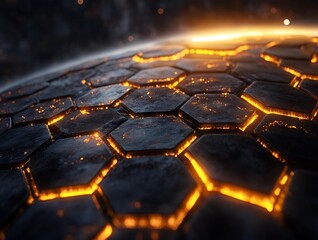 cinematic space storm over earth with futuristic energy grid