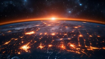 cinematic space storm over earth with futuristic energy grid