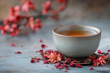 traditional japanese teacup with floral tea and petals