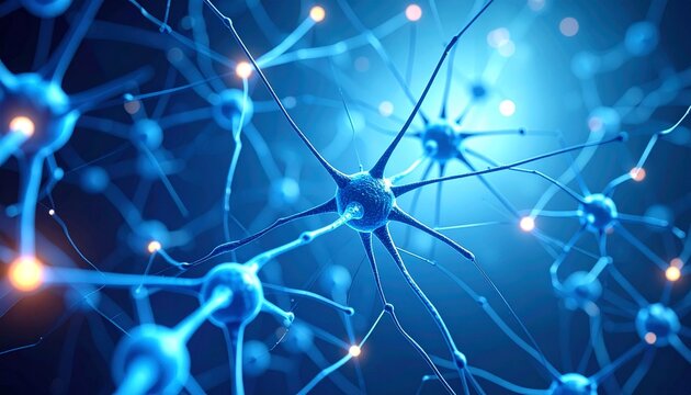 Futuristic 3D illustration of a neural network with glowing synapses, representing brain activity and AI.