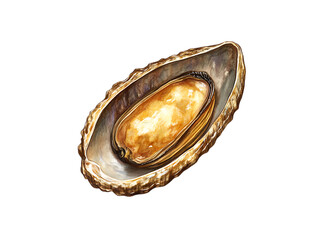 Open mussel shell with golden pearl isolated on transparent background