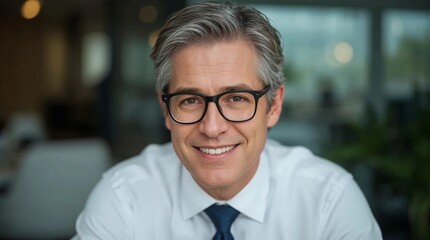Happy middle aged professional business man, smiling mature executive ceo manager, 45 years old male entrepreneur, confident business owner wearing glasses in office. Headshot portrait
