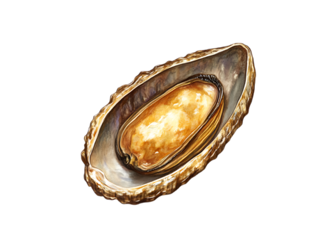 Open mussel shell with golden pearl isolated on transparent background