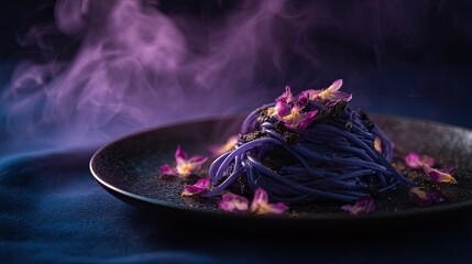 Artistic Presentation of Purple Pasta Garnished with Edible Flowers and Steam on a Dark Plate, Creating a Mystical Culinary Experience