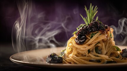 Exquisite Plate of Spaghetti with Olive Sauce Garnished with Fresh Herbs and Steam Rising Against a Dramatic Dark Background