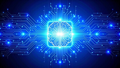 A luminous artificial intelligence brain glowing at the center of a complex digital circuit board, symbolizing futuristic machine learning.